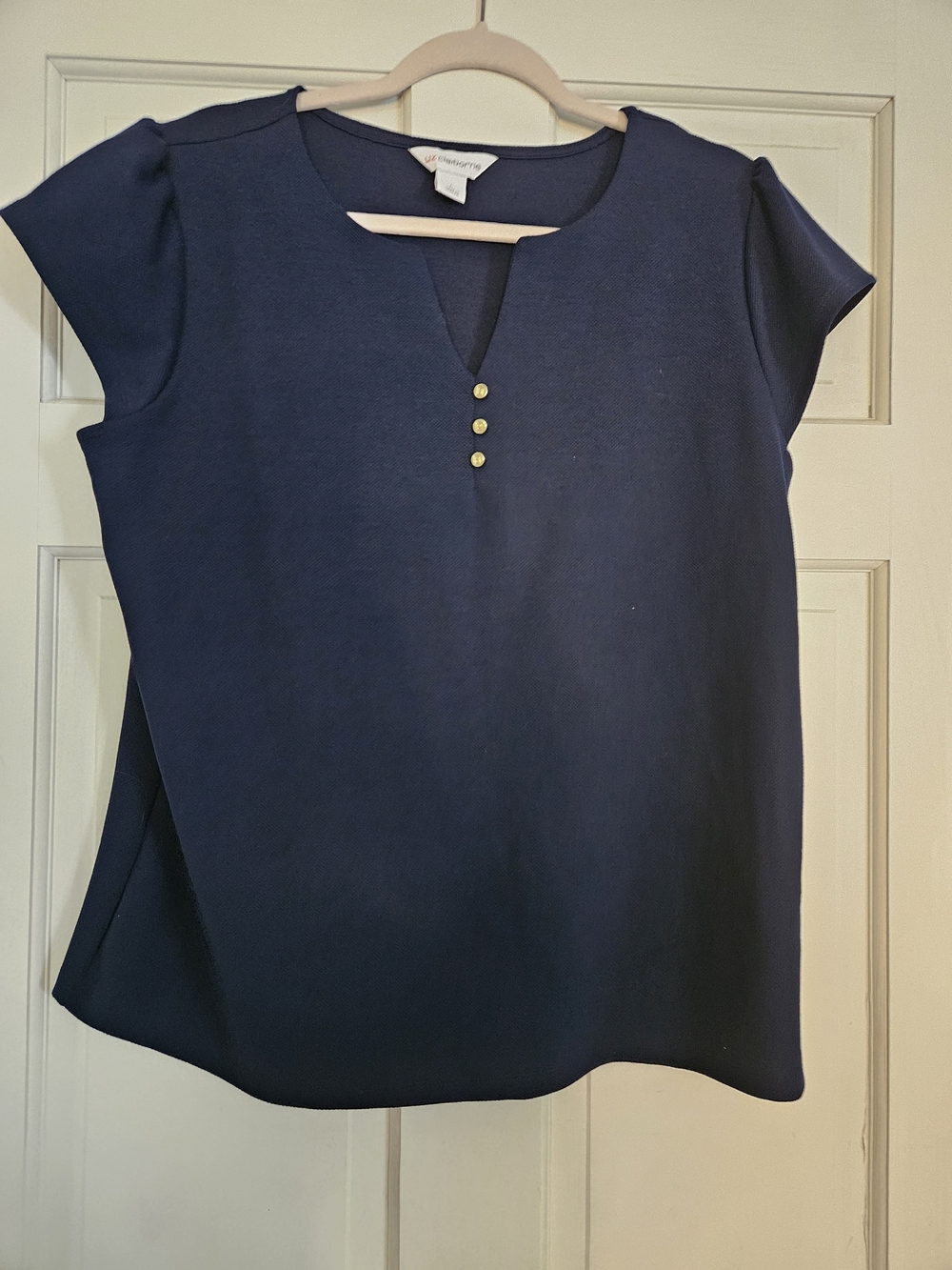 Liz Claiborne Navy Short Sleeve Split-Neck Top with Gold Accent Buttons